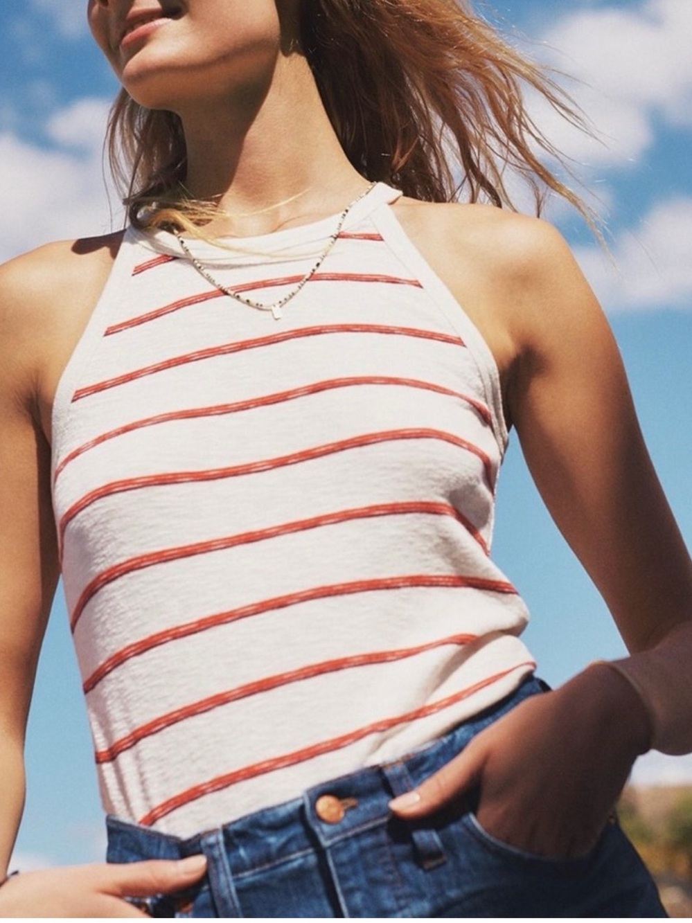 Madewell Women's Cream Tank Top with Red Stripes